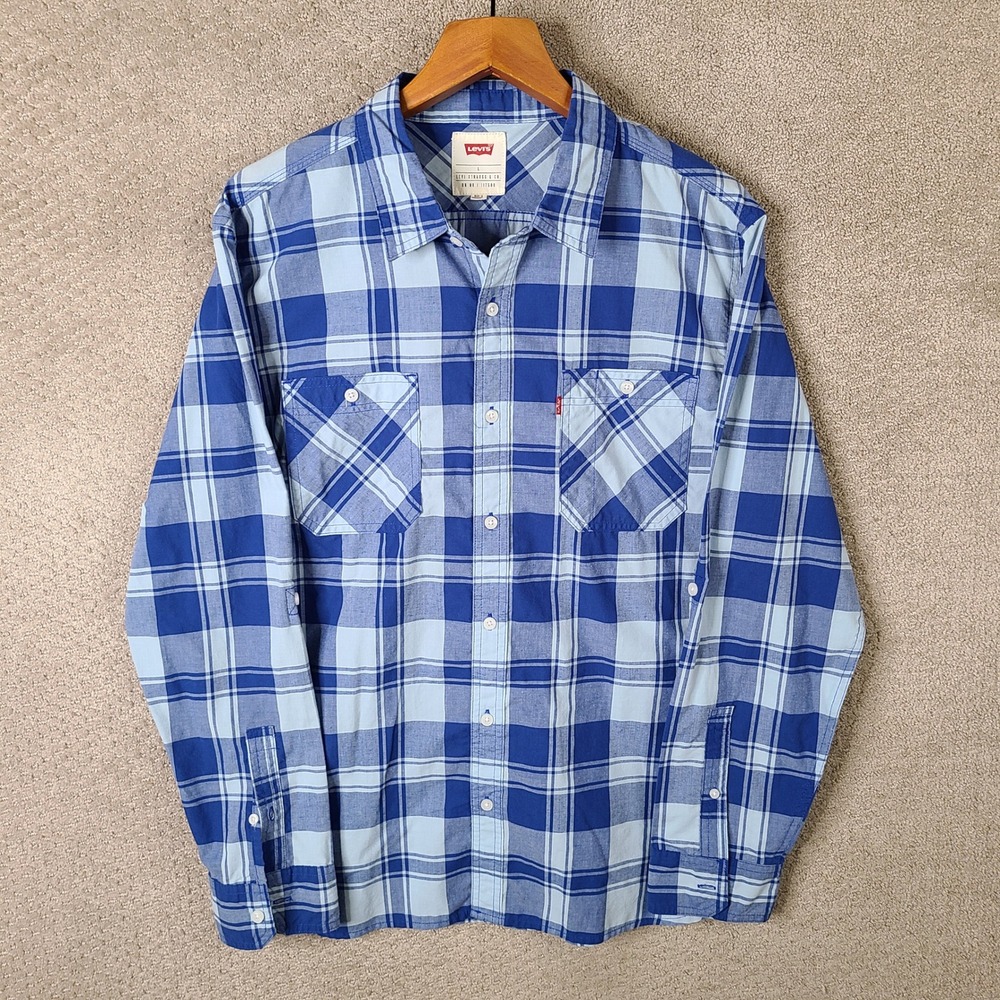 Levis Shirt Mens Large Blue Plaid Button Down Cotton Blend Long Sleeve Casual